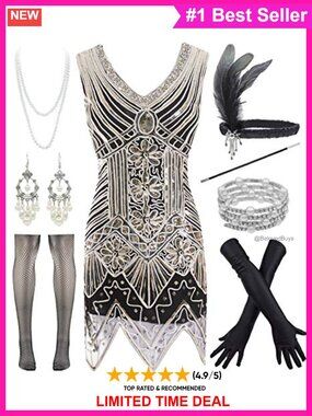 1920s Flapper Sequin Dress V Neck Prom Costume Set with Accessories